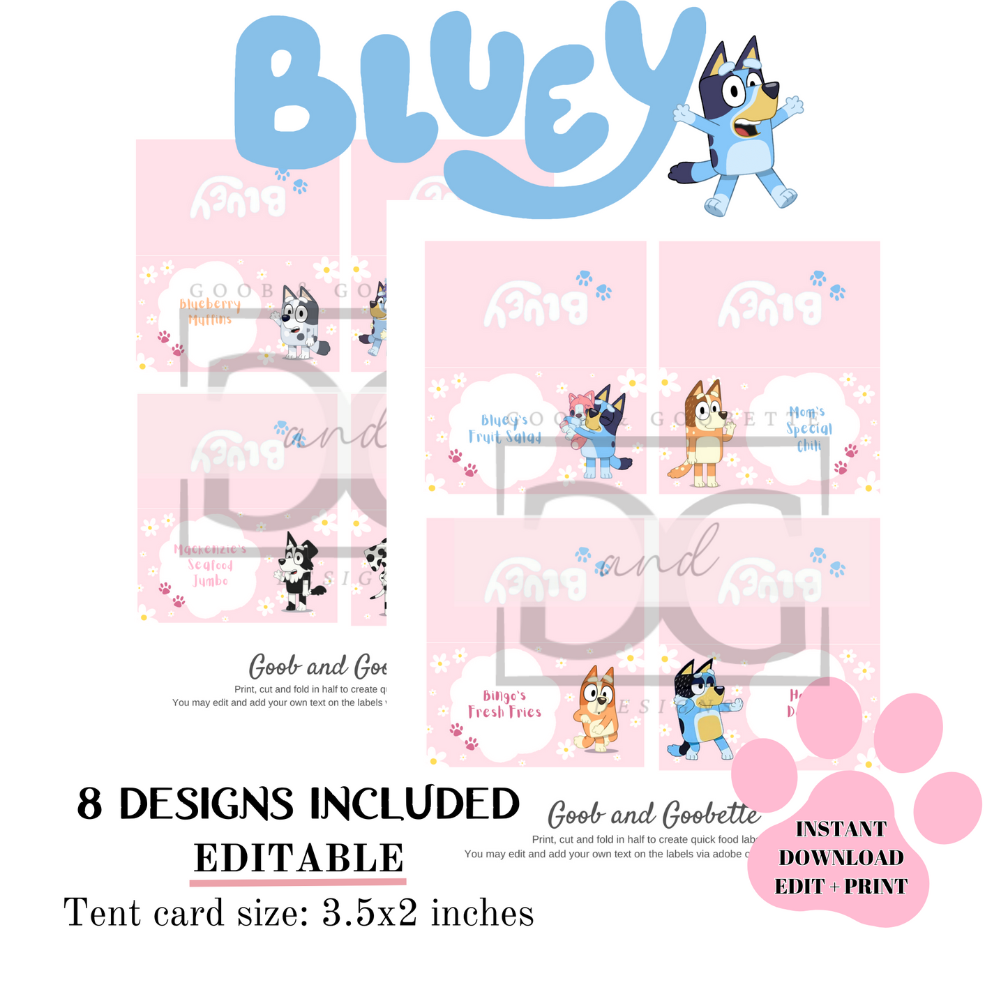 Digital Pink Daisy Bluey Food Tent Cards - Buffet Cards