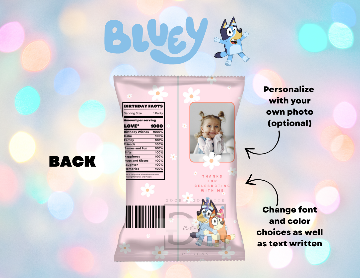 Pink Daisy Bluey Chip Bag Label Template - Bluey Chip Bag Favors
