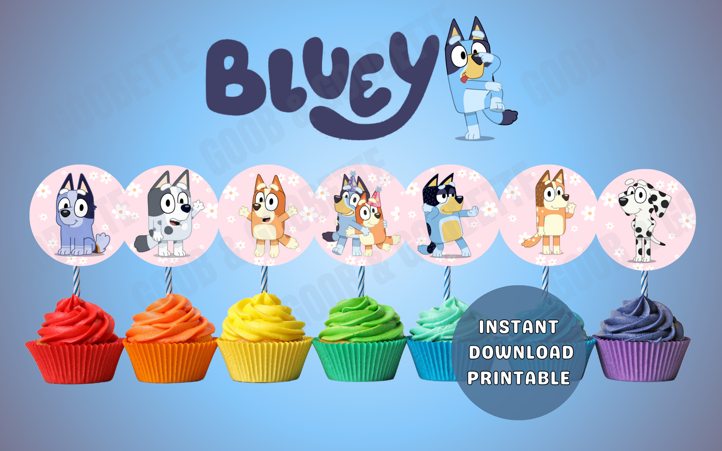Pink Daisy Bluey Toppers - Bluey Cupcake Toppers