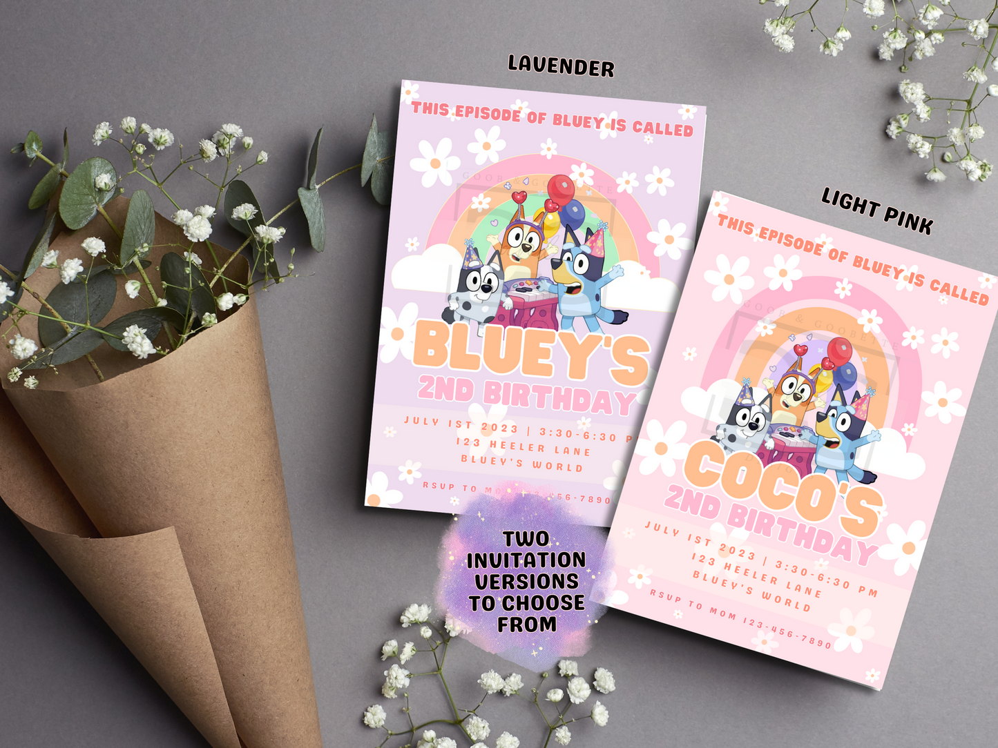 Digital Pink Daisy Bluey Birthday Party Invitation Template