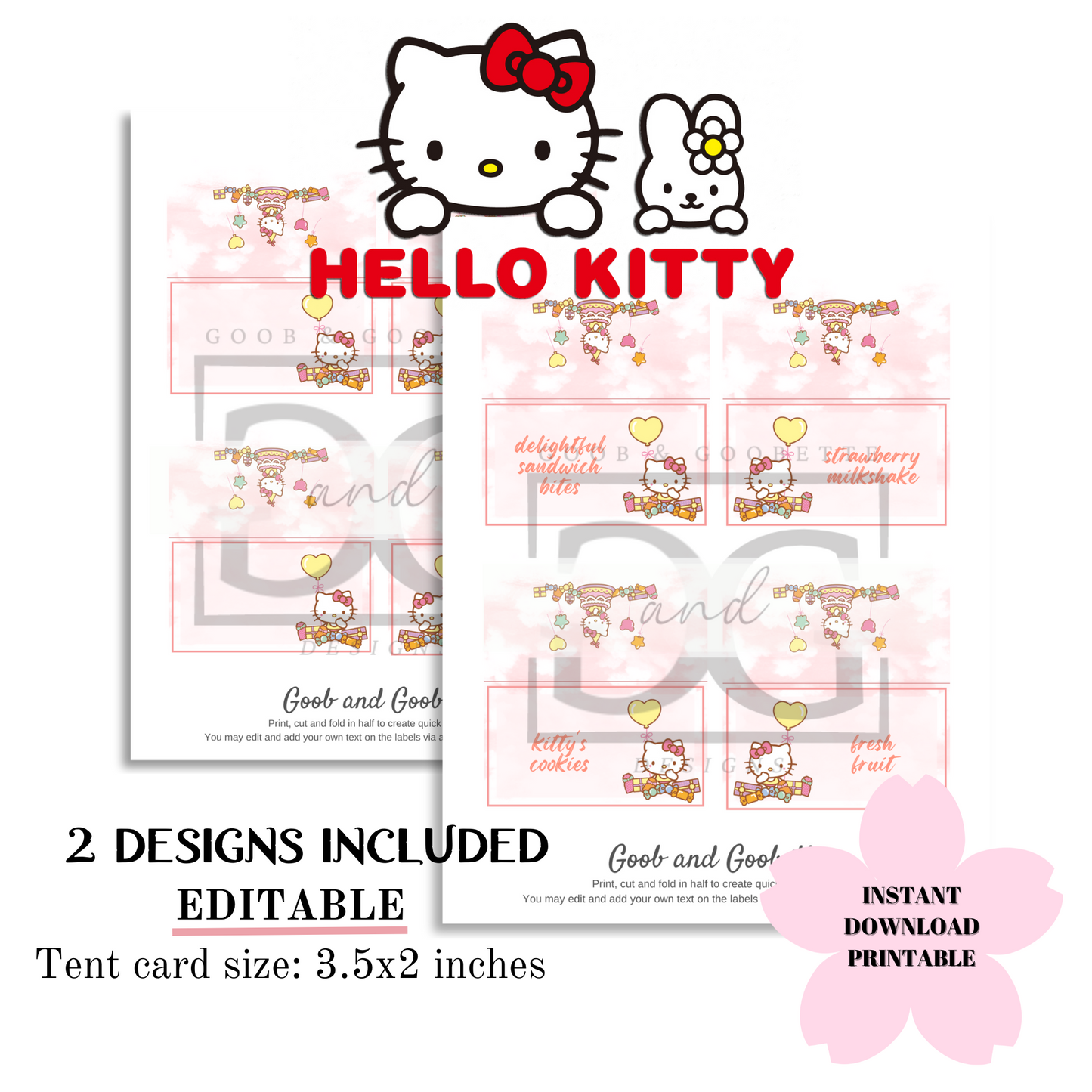 Watercolor Hello Kitty Food Tents/Labels