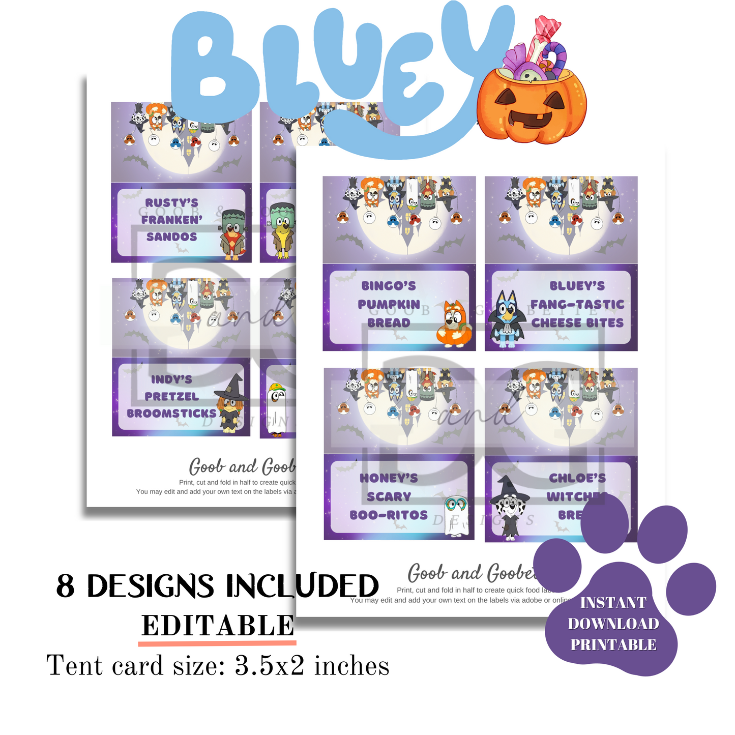 Bluey Halloween Food Tents - Halloween Bluey Buffet Cards