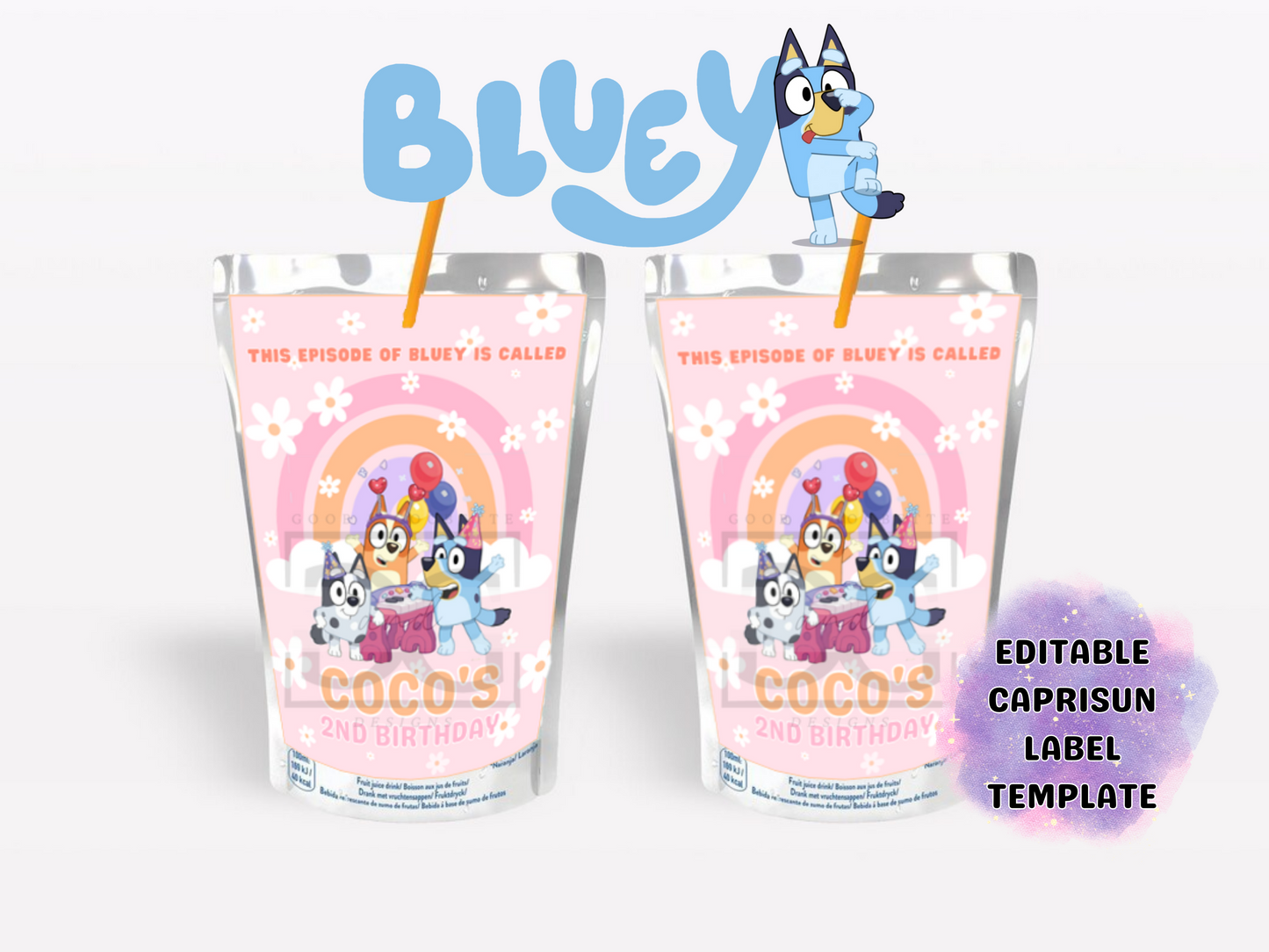 Pink Daisy Bluey Caprisun Pouch Labels - Bluey Juice Labelic