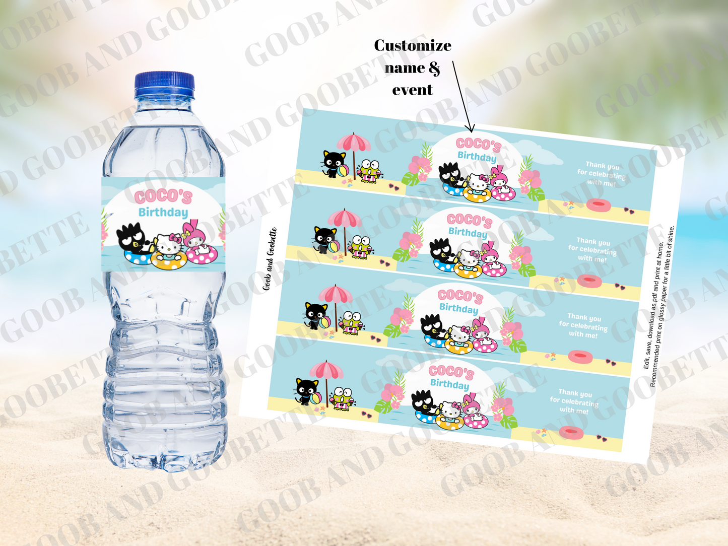 Hello Kitty Pool Party Water Bottle Labels