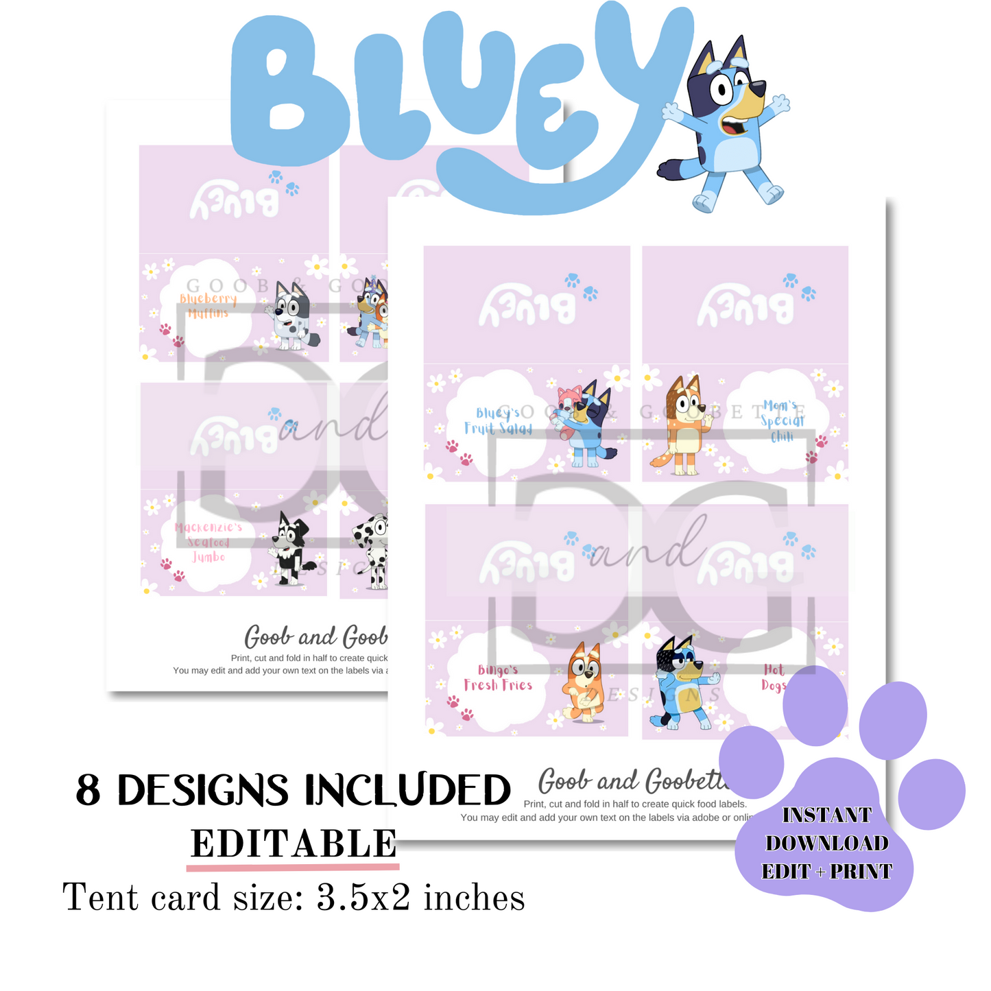 Lavender Daisy Bluey Food Tent/Labels - Bluey Place Cards