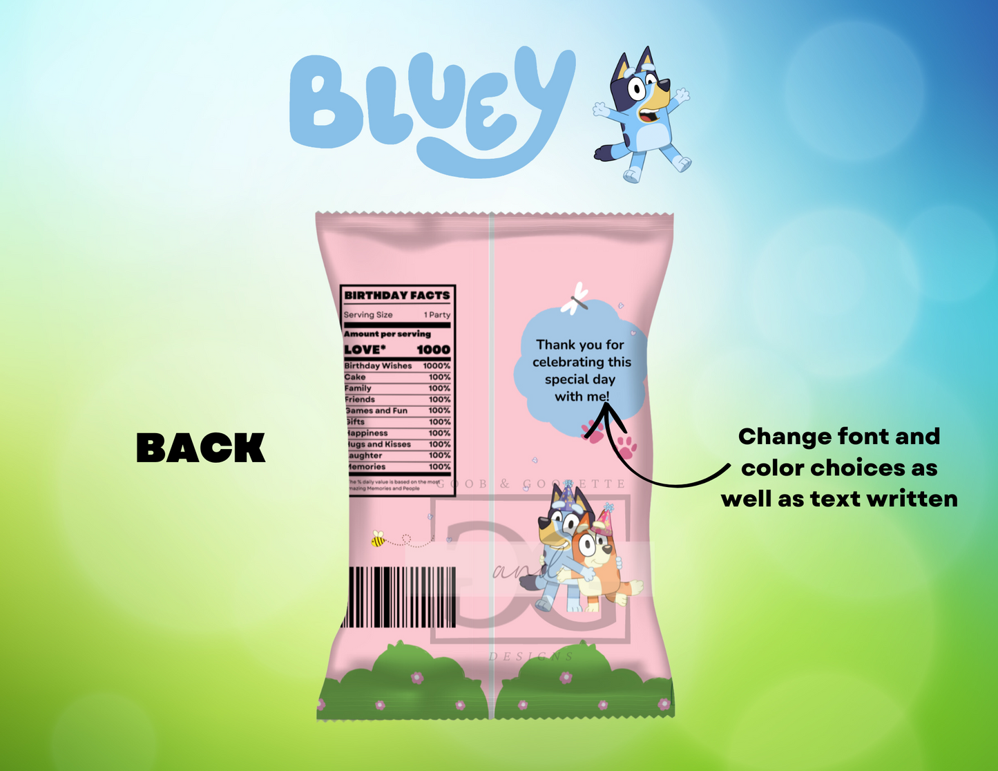 Pink Bluey Chip Bag Labels