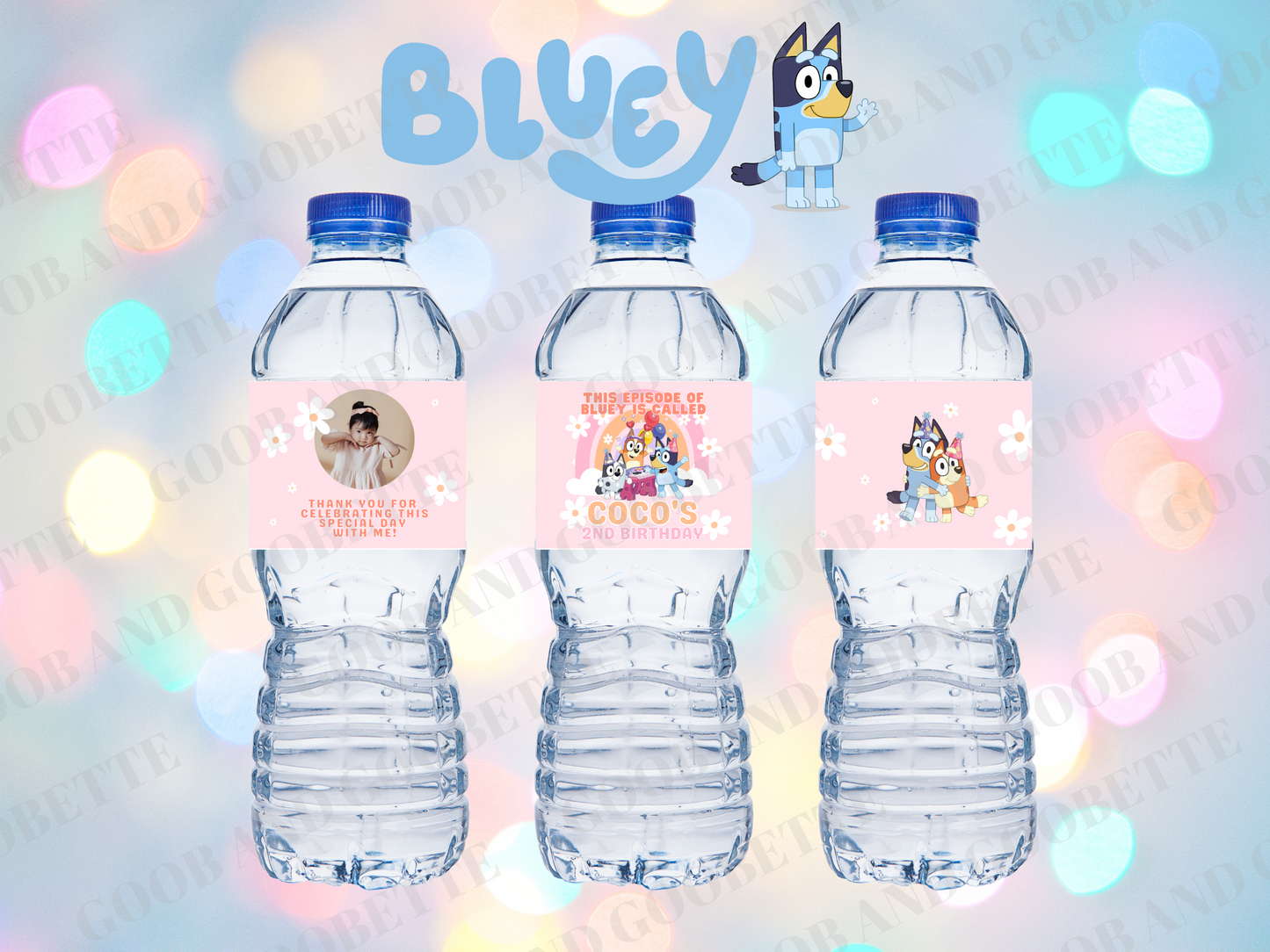 Pink Daisy Bluey Water Bottle Labels