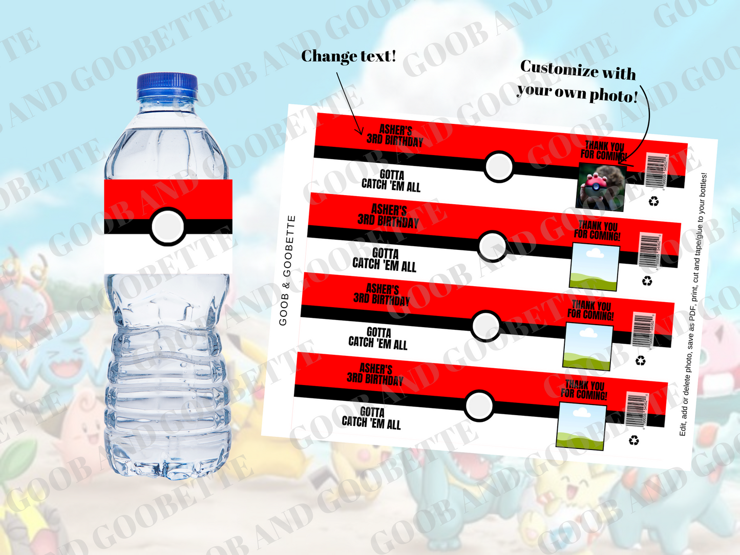 Pokeball Water Bottle Labels - Pokemon Labels