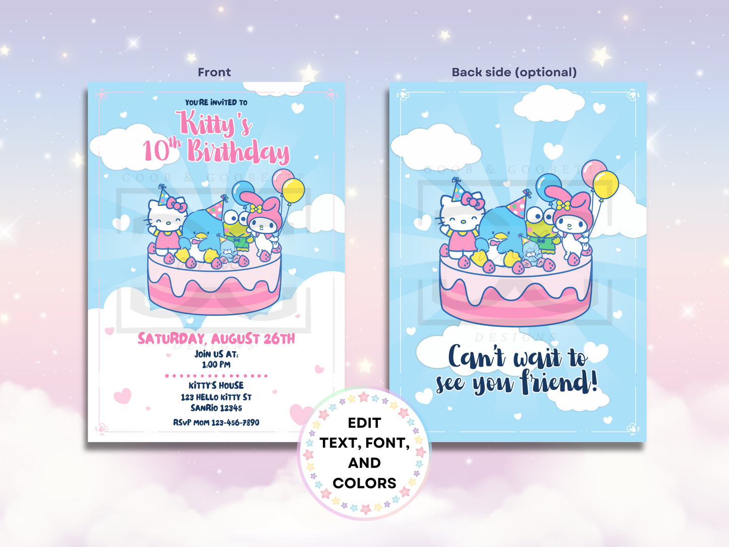 Sanrio Birthday Invitation - Hello Kitty and Friends Cake