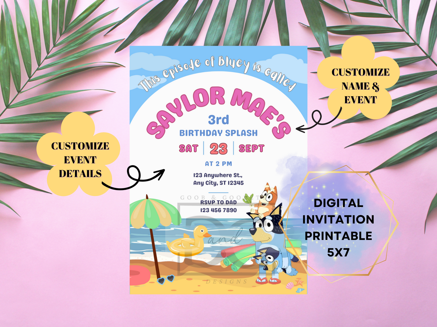 Summer Bluey Pool Party Invitation - Bandit, Bluey, and Bingo