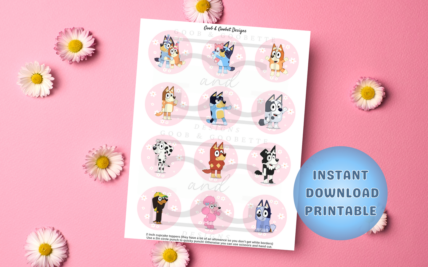 Pink Daisy Bluey Toppers - Bluey Cupcake Toppers
