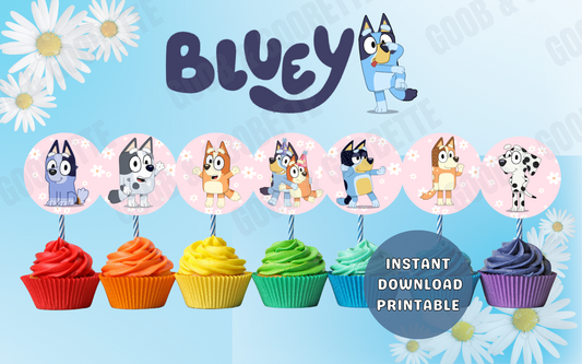Pink Daisy Bluey Toppers - Bluey Cupcake Toppers