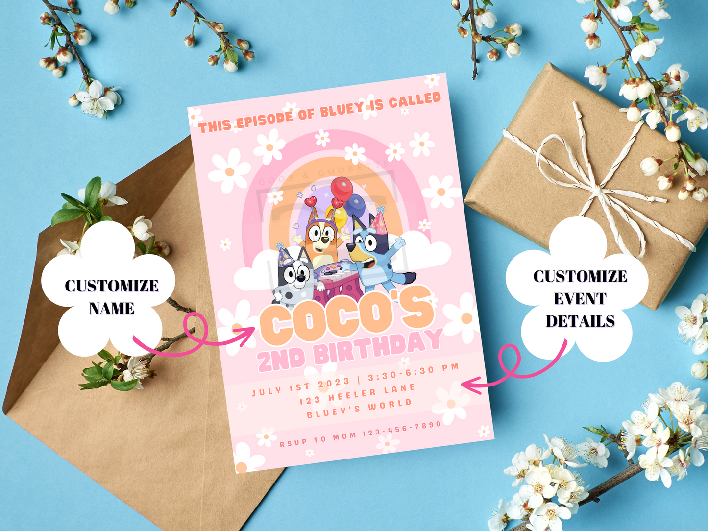 Digital Pink Daisy Bluey Birthday Party Invitation Template