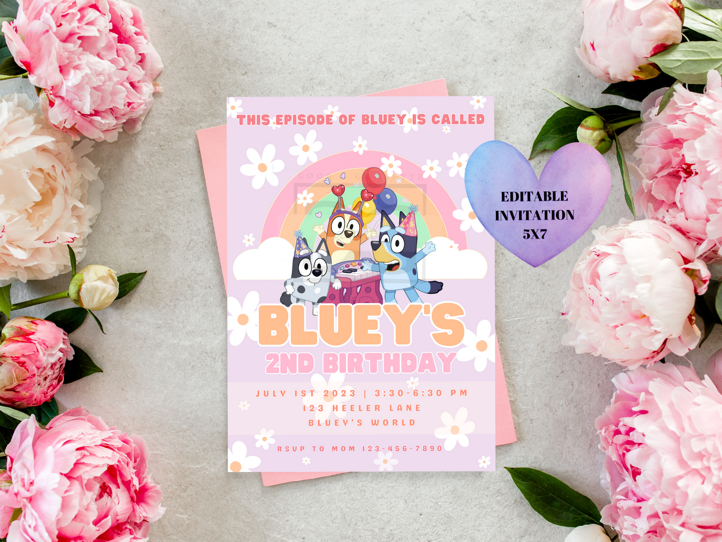 Lavender Daisy Bluey Invitation - Rainbow Birthday
