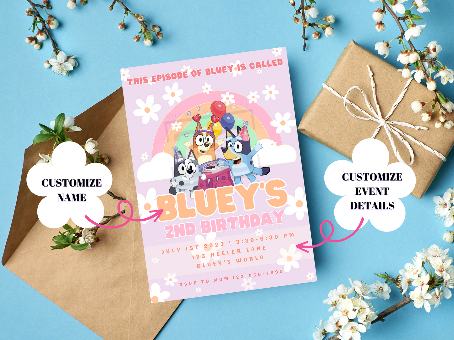 Lavender Daisy Bluey Invitation - Rainbow Birthday
