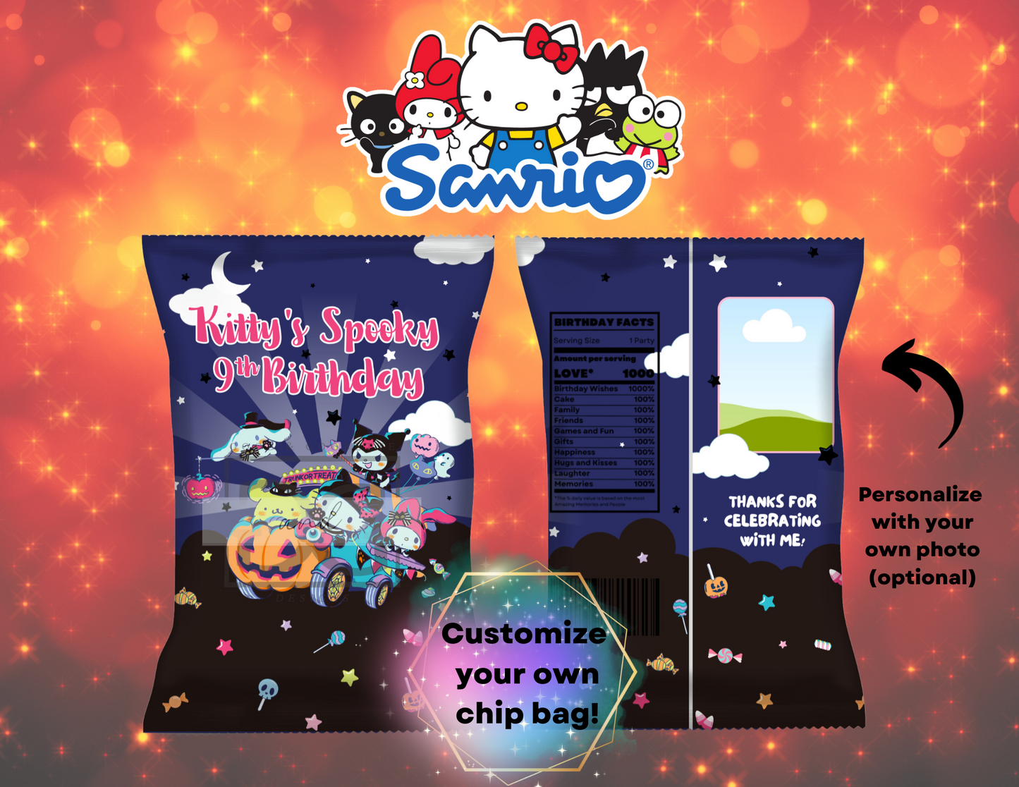 Halloween Sanrio Chip Bags - Halloween Hello Kitty Treat Bags