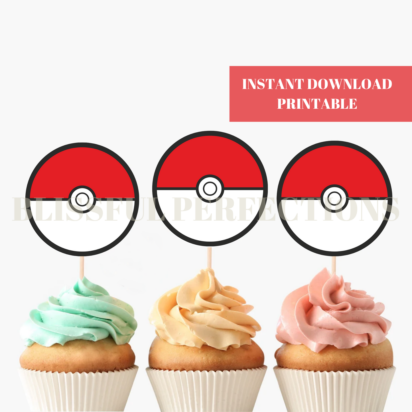 Pokeball Cupcake Toppers - Pokemon Cupcake Toppers