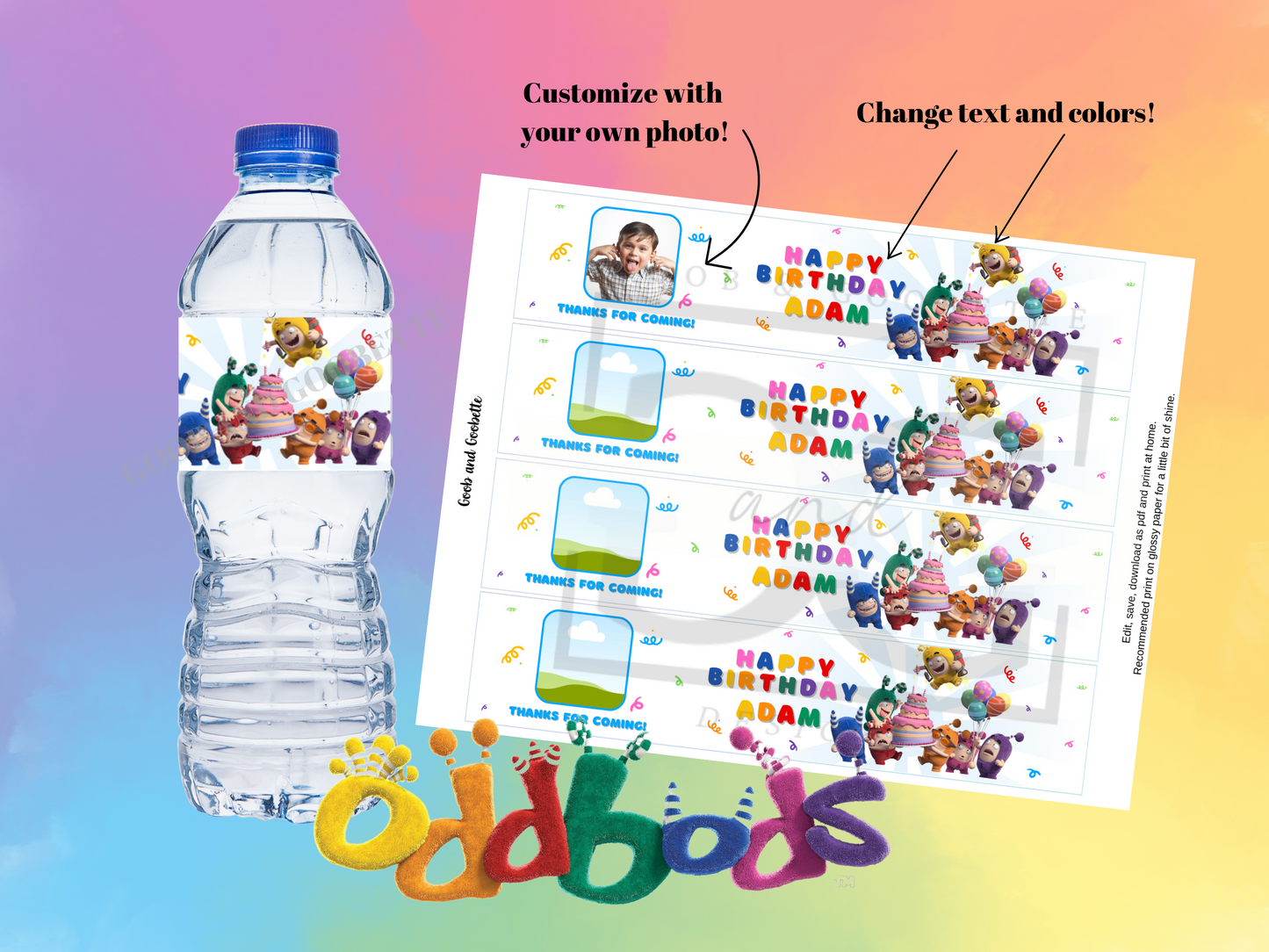 Oddbods Water Bottle Labels